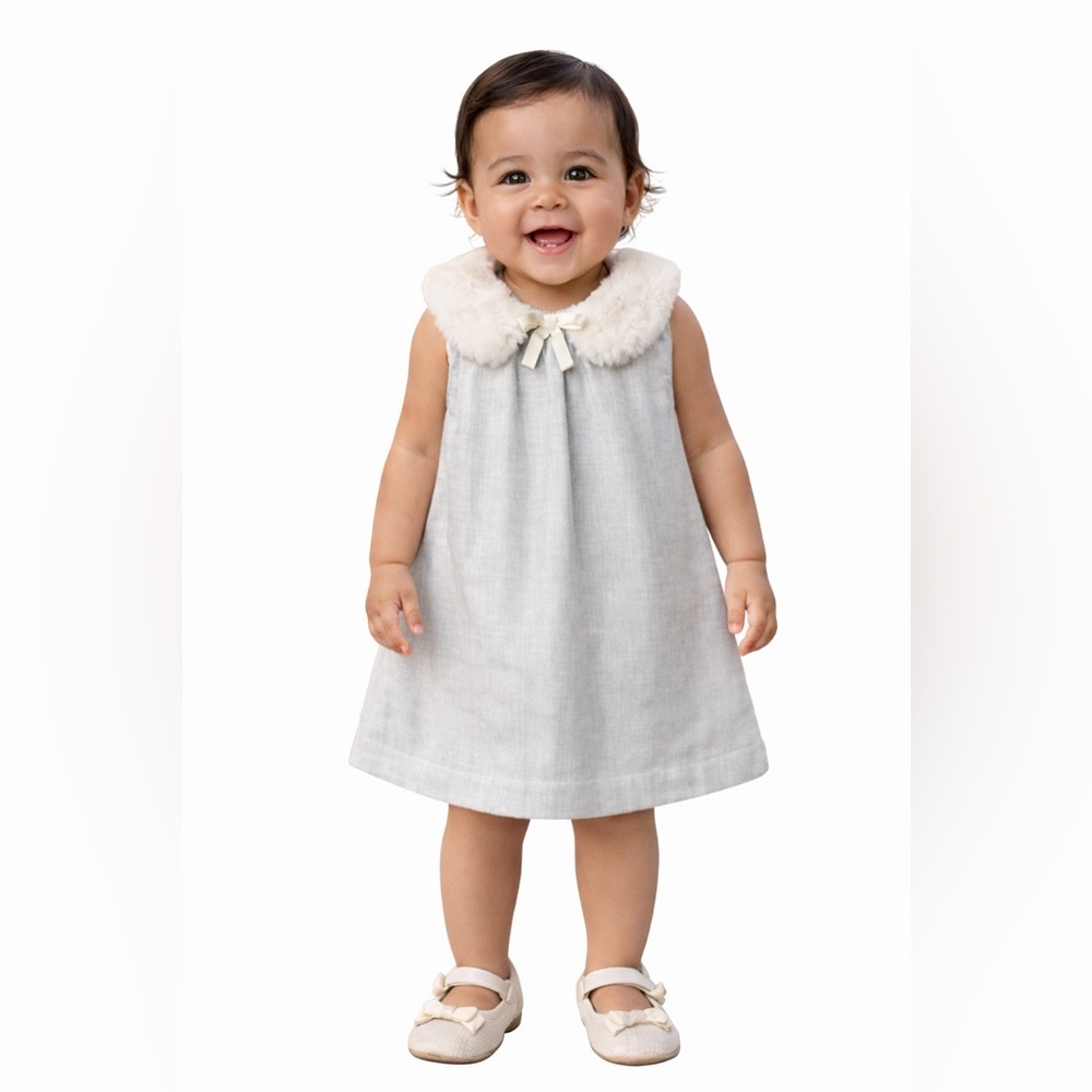 GAP Baby Girls Gray Faux Fur Collar Holiday Dress 18-24M